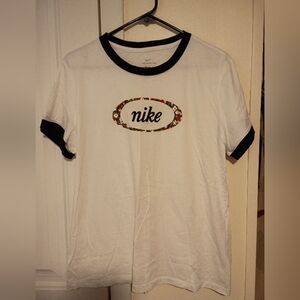 Nike White Ringer Tee with Black Trim and Floral Logo